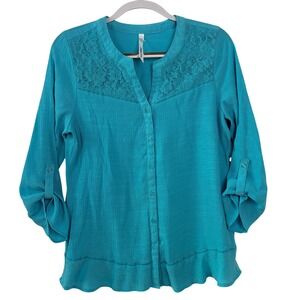 NY Collection Lace Yoke Roll Tab Blouse Medium Turquoise Blue